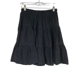 Circle T by Marilyn Lenox Black Cotton Tiered Midi Skirt Elastic Waist
